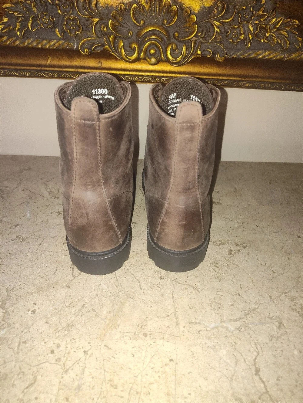 Vintage Timberland 11300 Dark Brown Leather Work Boots with Yellow Pull Tab